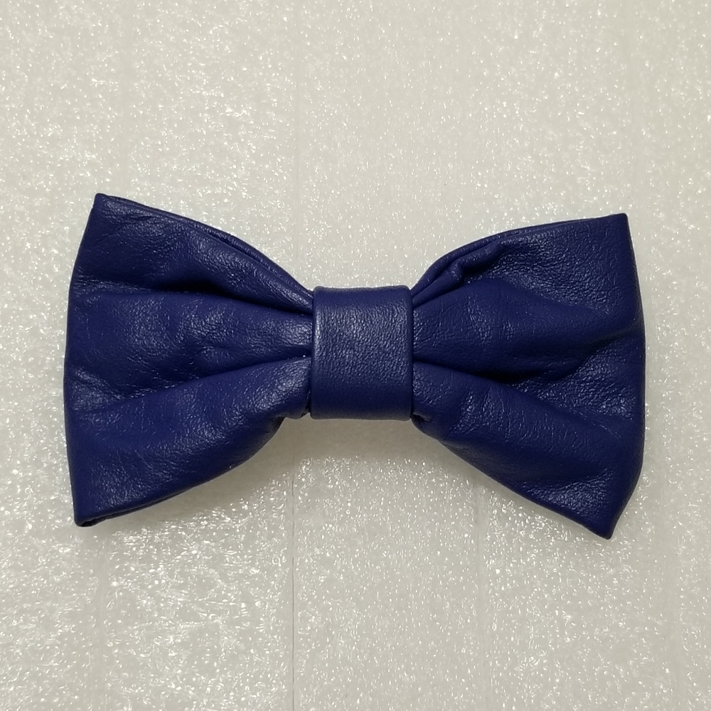 Blue Leather Hair Bow Mechanical Barrette 4.5x2.5"